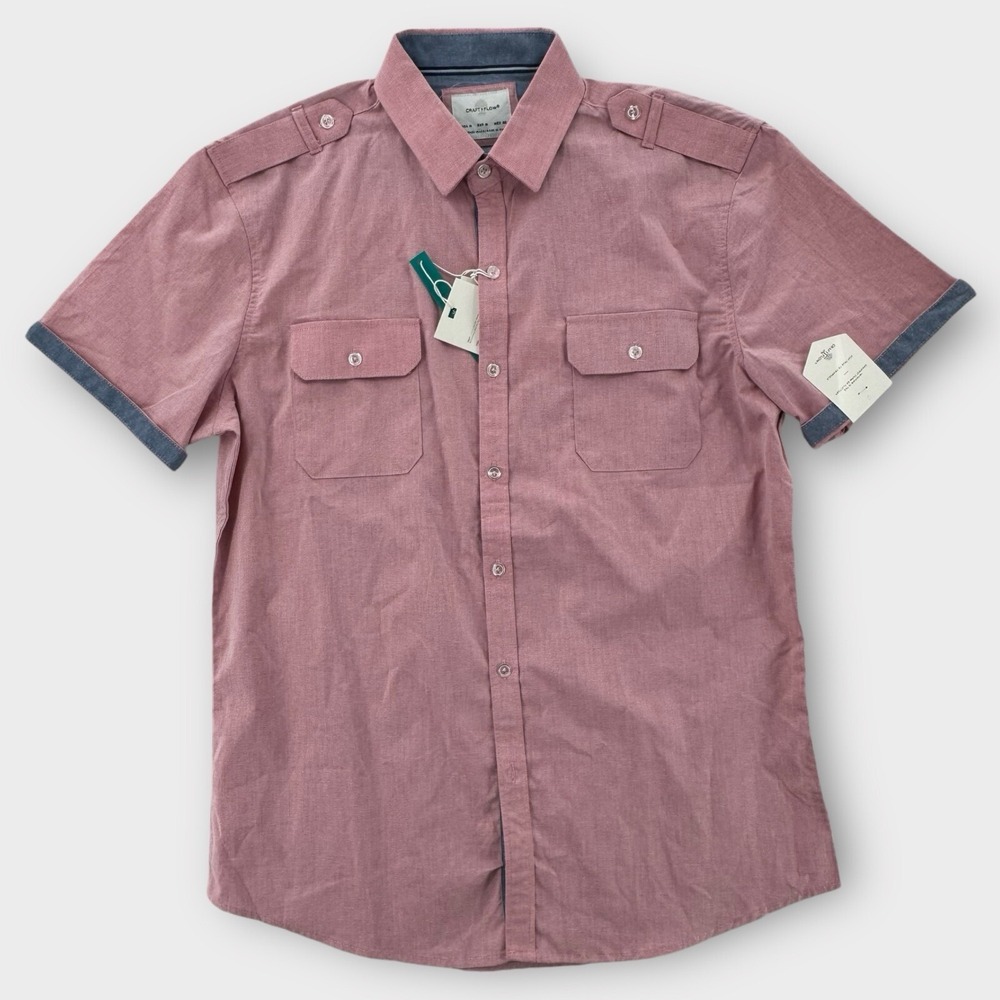 Craft + Flow‎ Shirt Mens Medium Pink Button Up Cotton Short Sleeve Pockets NWT
